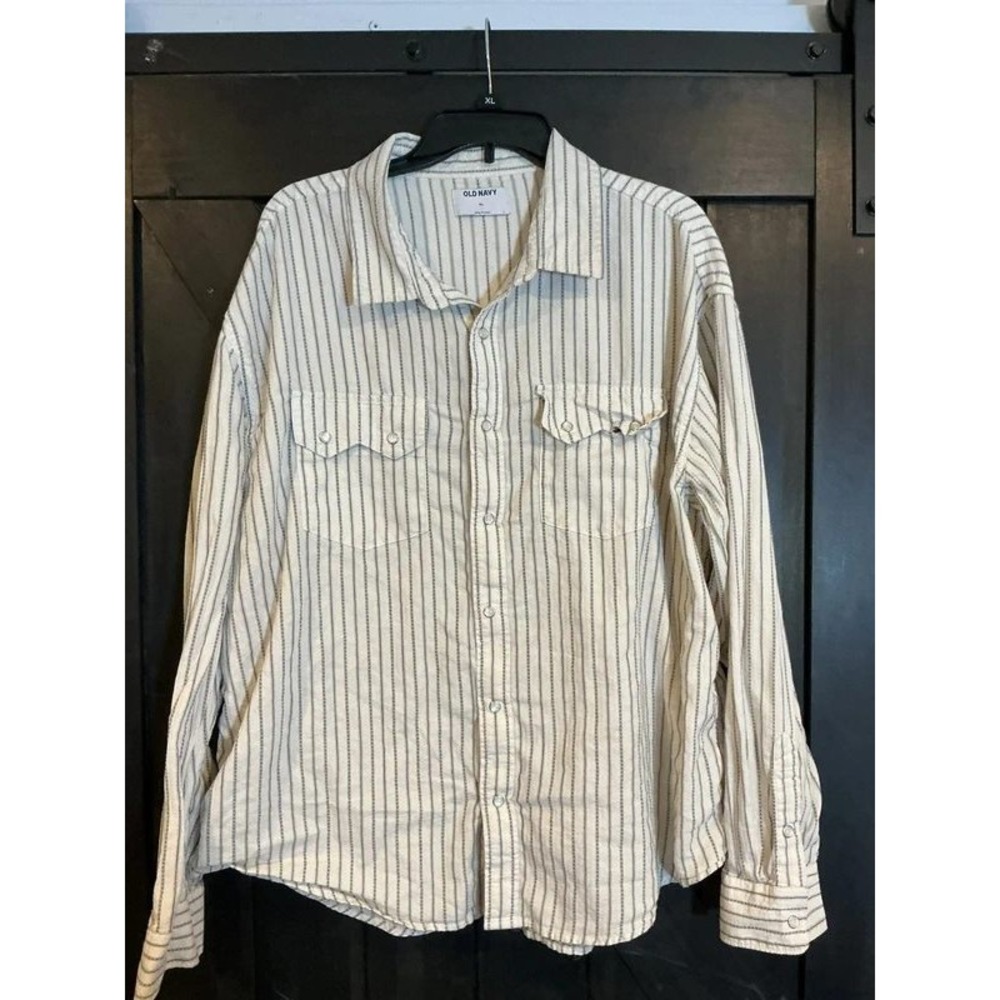 Old Navy Mens XL White Black Striped Western Long Sleeve Button Down Shirt